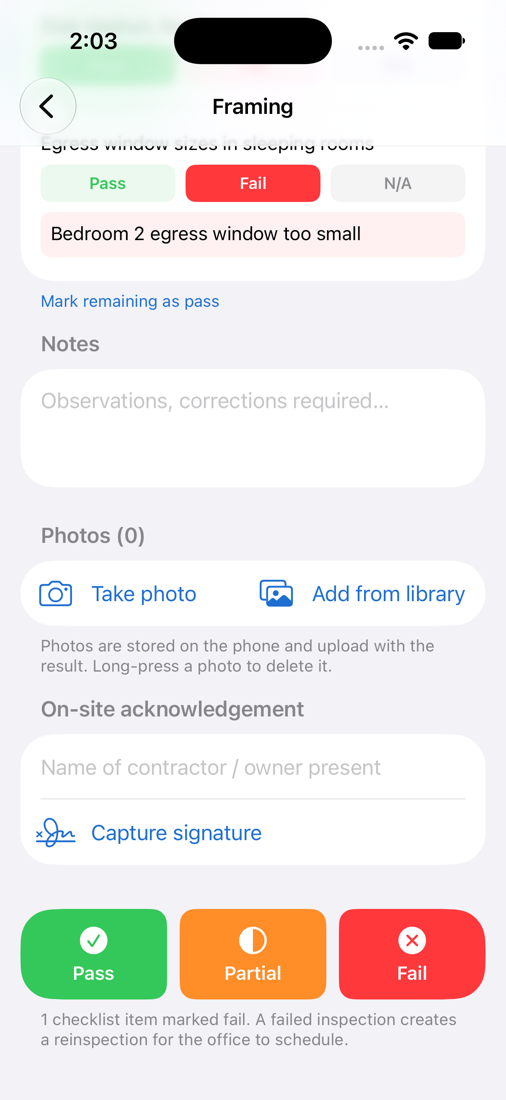 Inspection checklist with a failed item, a correction note, and Pass, Partial and Fail buttons